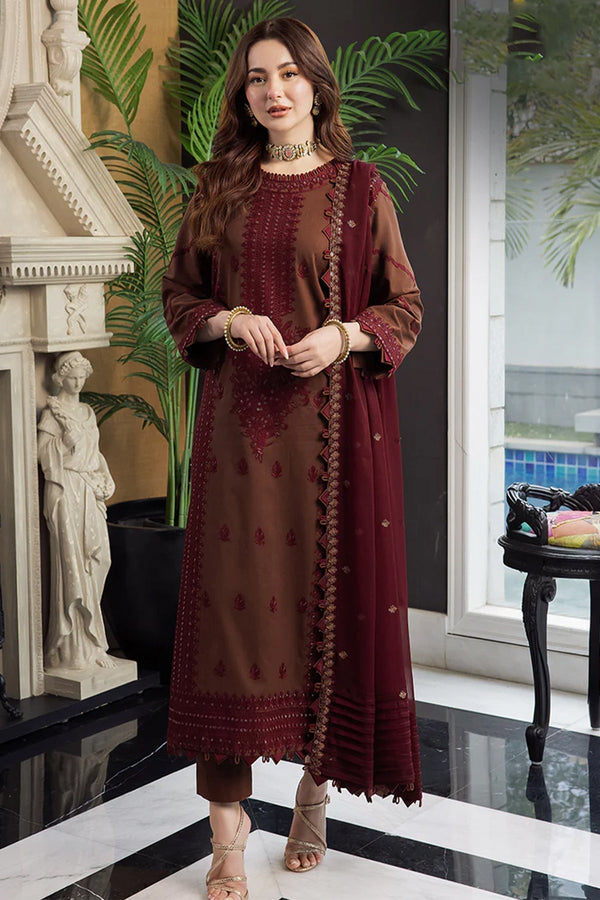 3PC LAWN EMBROIDERED SHIRT WITH CHIFFON EMBROIDERED DUPATTA AND TROUSER Aj2556